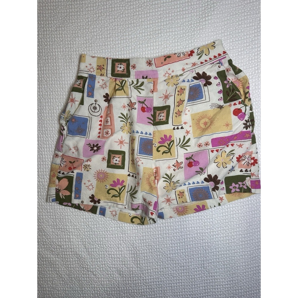 Monteau Los Angeles Linen Blend Pull On Shorts Floral Patchwork Print Size Large